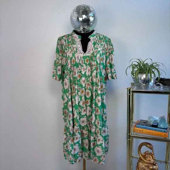 SHE + SKY Green Floral Split Neck Swing Dress 2XL Crochet trim dopamine dressing - Picture 3 of 16